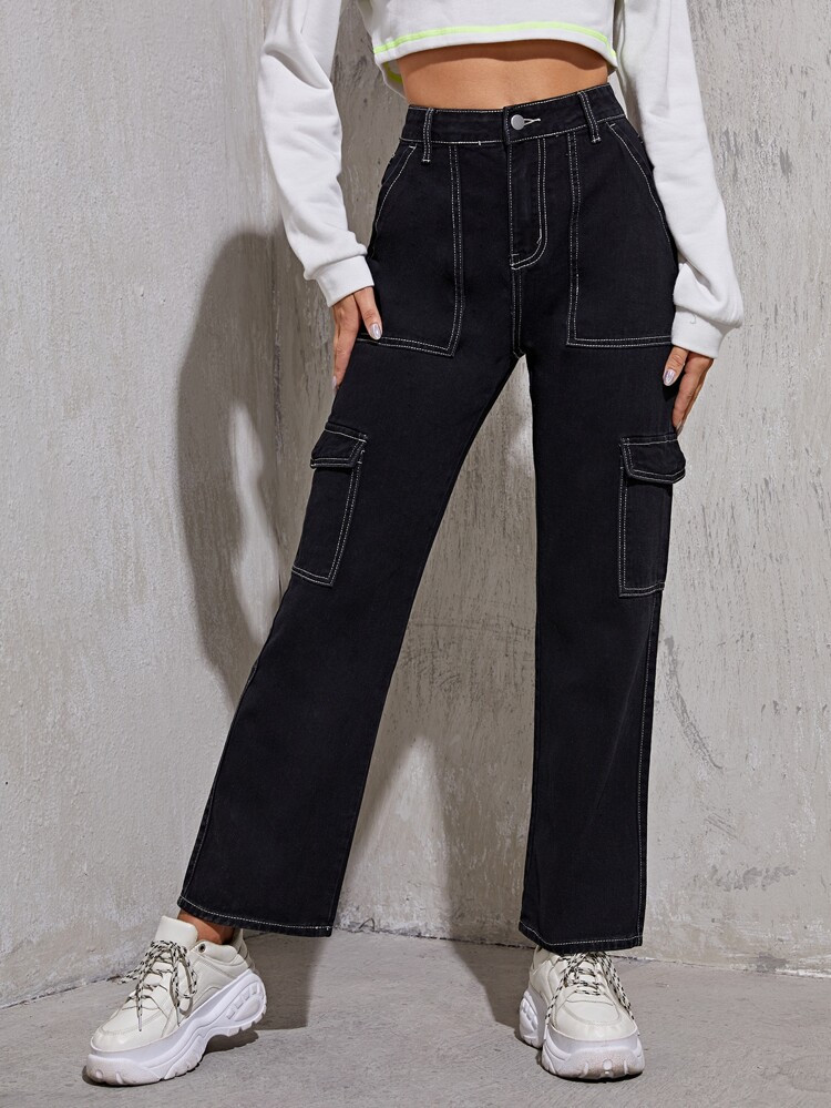 High Waist Flap Pocket Whip Stitch Cargo Jeans | SHEIN