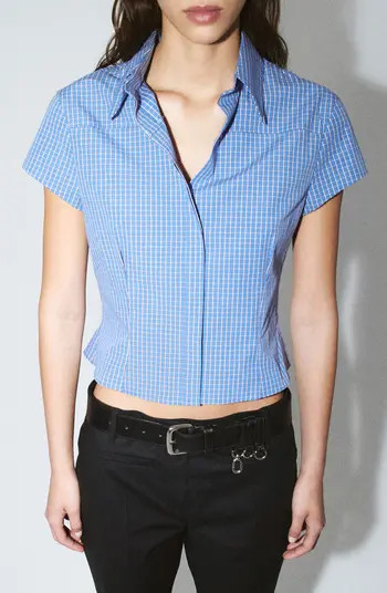 MANGO Starring Hailey Bieber Gigi Check Print Crop Cotton Shirt | Nordstrom | Nordstrom