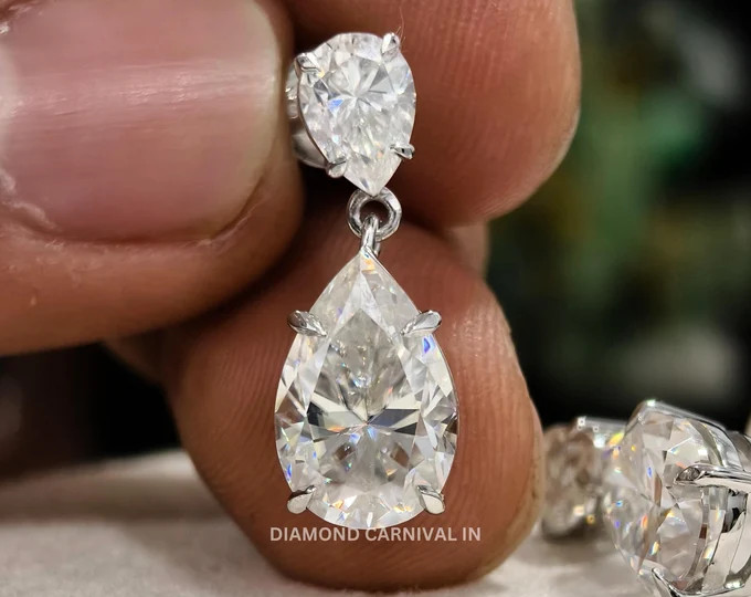 Moissanite Teardrop Earrings, 12x8 MM Oval Cut & 18x12 MM Pear Cut Moissanite Two Stone Earrings,... | Etsy (US)