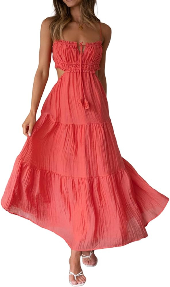 Women Summer Casual Maxi Dress Boho Dress Sleevelss Tie up Flowy Dress Cutout Long Dress Vacation... | Amazon (US)