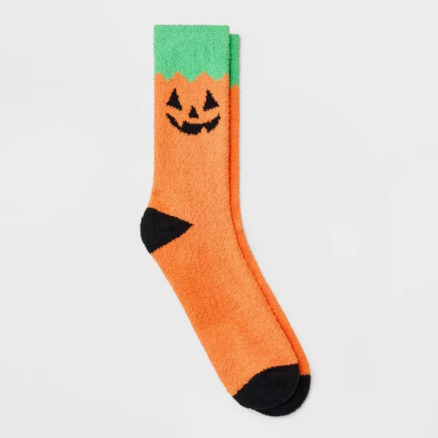 Men's Pumpkin Cozy Halloween Crew Socks - Hyde & EEK!™ Orange 6-12 | Target