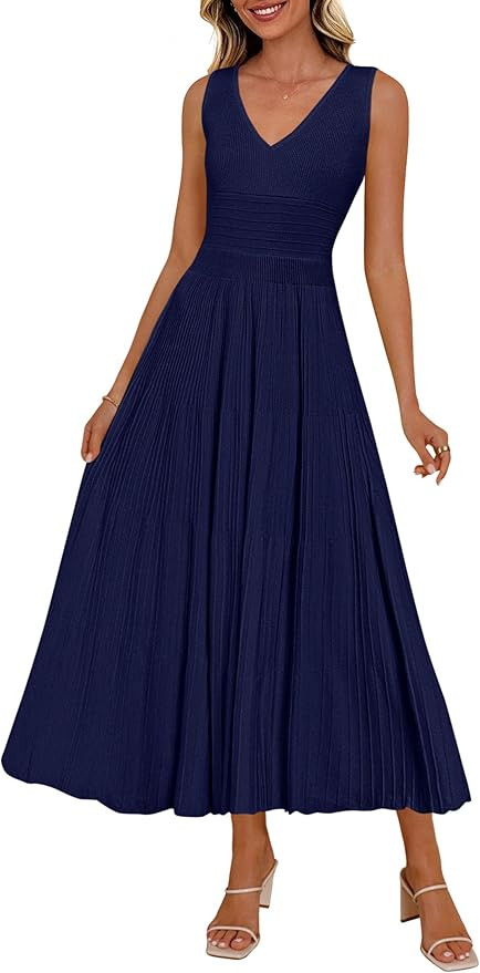 PRETTYGARDEN Summer Dresses for Women 2026 Spring Casual Sleeveless V Neck Pleated Midi Work Cock... | Amazon (US)