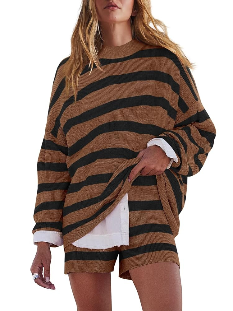 LAMISSCHE Womens Oversized Lounge Sets 2 Piece Outfits Striped Matching Pajama Set Long Sleeve Sw... | Amazon (US)