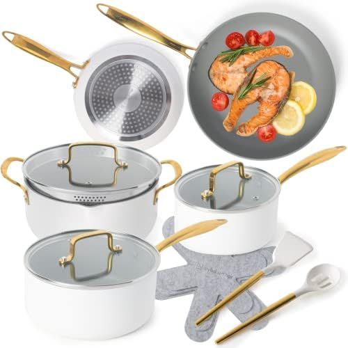 Amazon.com: Styled Settings White Pots and Pans Set Nonstick-15 Piece Luxe White Cookware Set PFO... | Amazon (US)