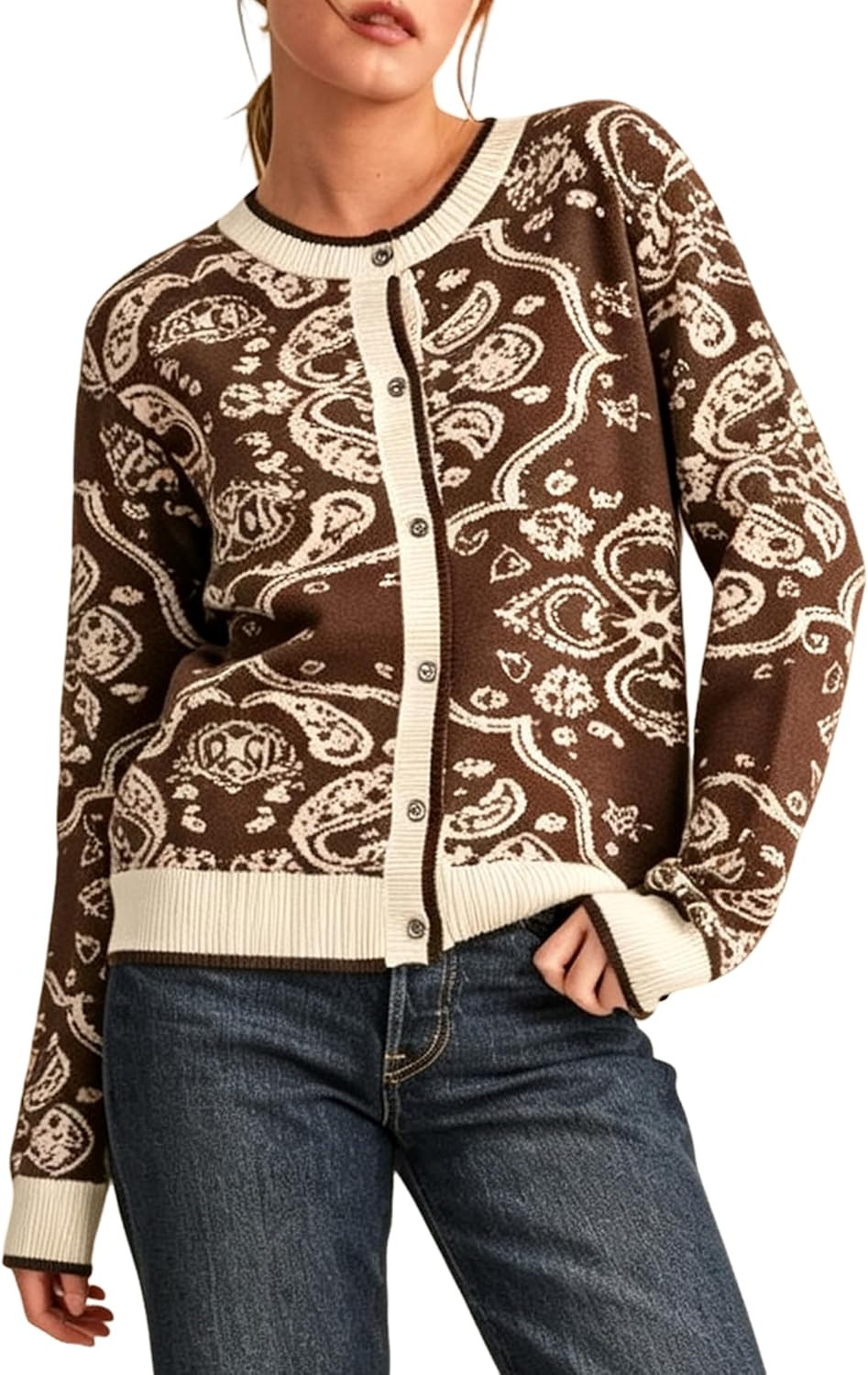 Womens Bandana Paisley Knit Cardigan Contrast Trim Sweater | Amazon (US)