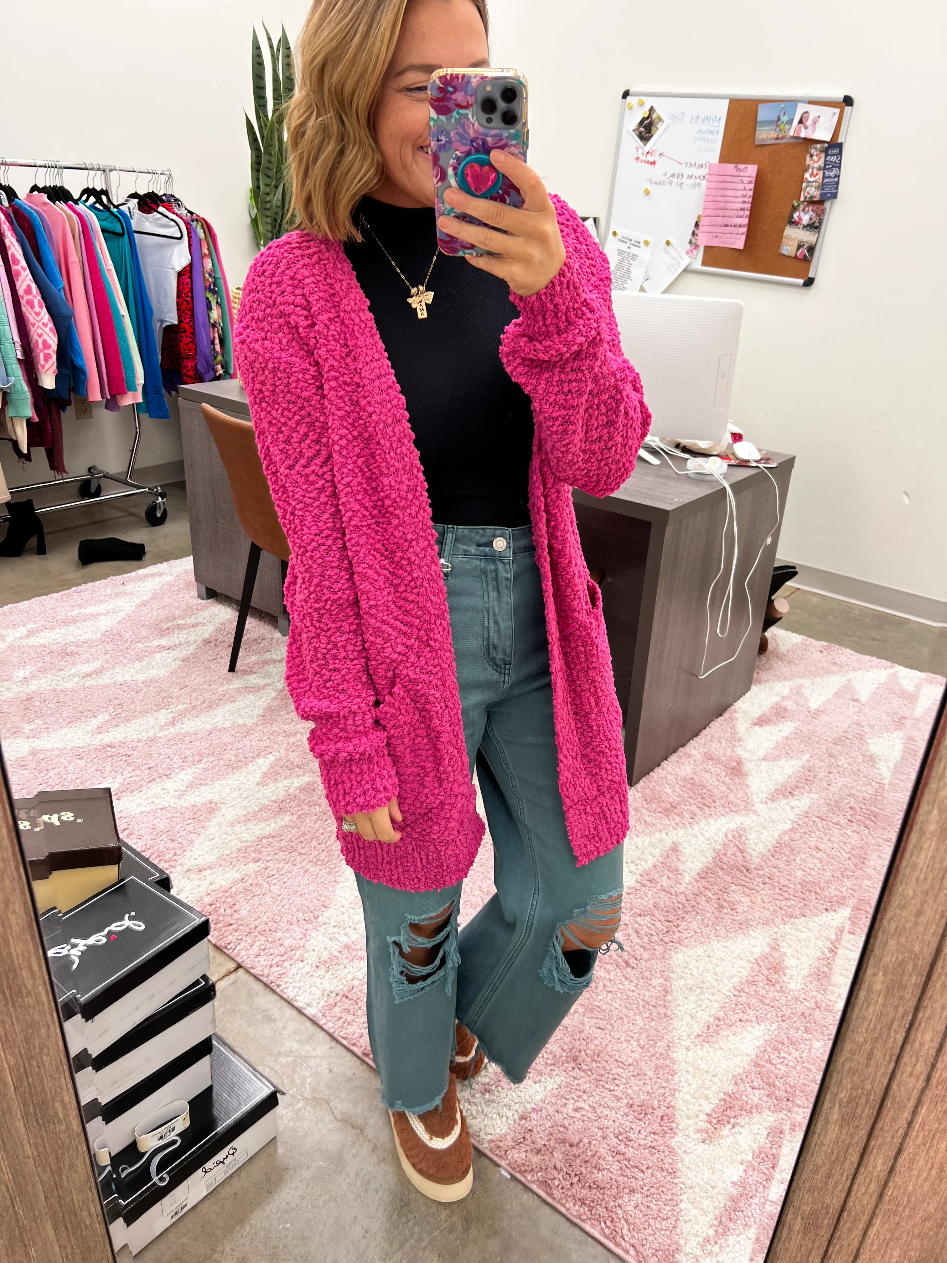 Popcorn Cardigan - Neon Hot Pink | Pink possum