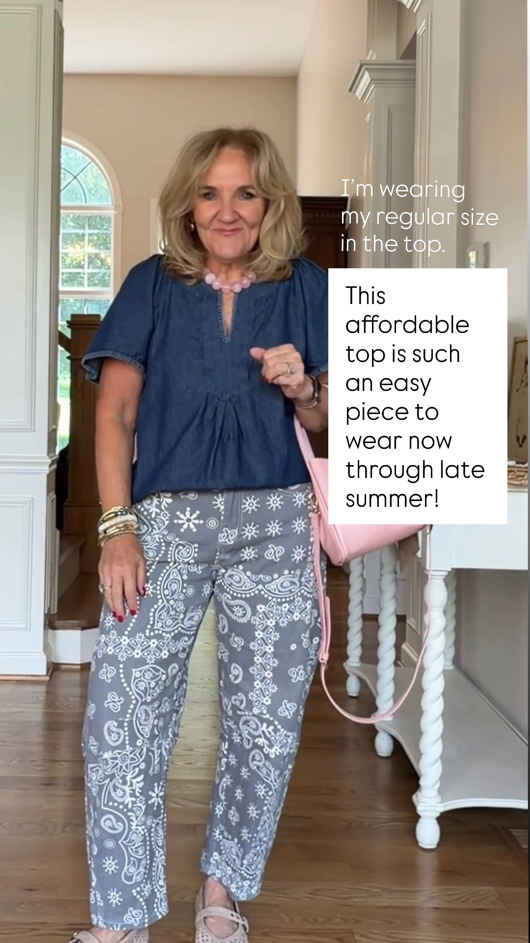 This affordable top is such an easy piece to wear now through late summer! I paired it with printed pants, pink accessories, and perforated Mary Janes for a fresh, polished look that’s comfortable enough for errands, lunch, or travel. I’m wearing my regular size in the top.

💡 LTK MADE EASY
❤️ Heart = Support my posts!
🔖 Save = Get sale & restock alerts
📋 Lists = Keep favorites organized
📲 Share = Send lists and products to a friend. Hello, Christmas List!
💬 Comment = Ask me anything about what I’m wearing.:-)

#LTKootd #LTKSeasonal #LTKOver40