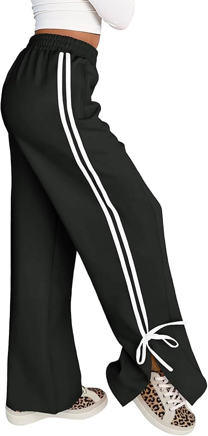Fisoew Womens Wide Leg Track Pants High Waisted Side Slit Striped Baggy Sweatpants with Pockets | Amazon (US)