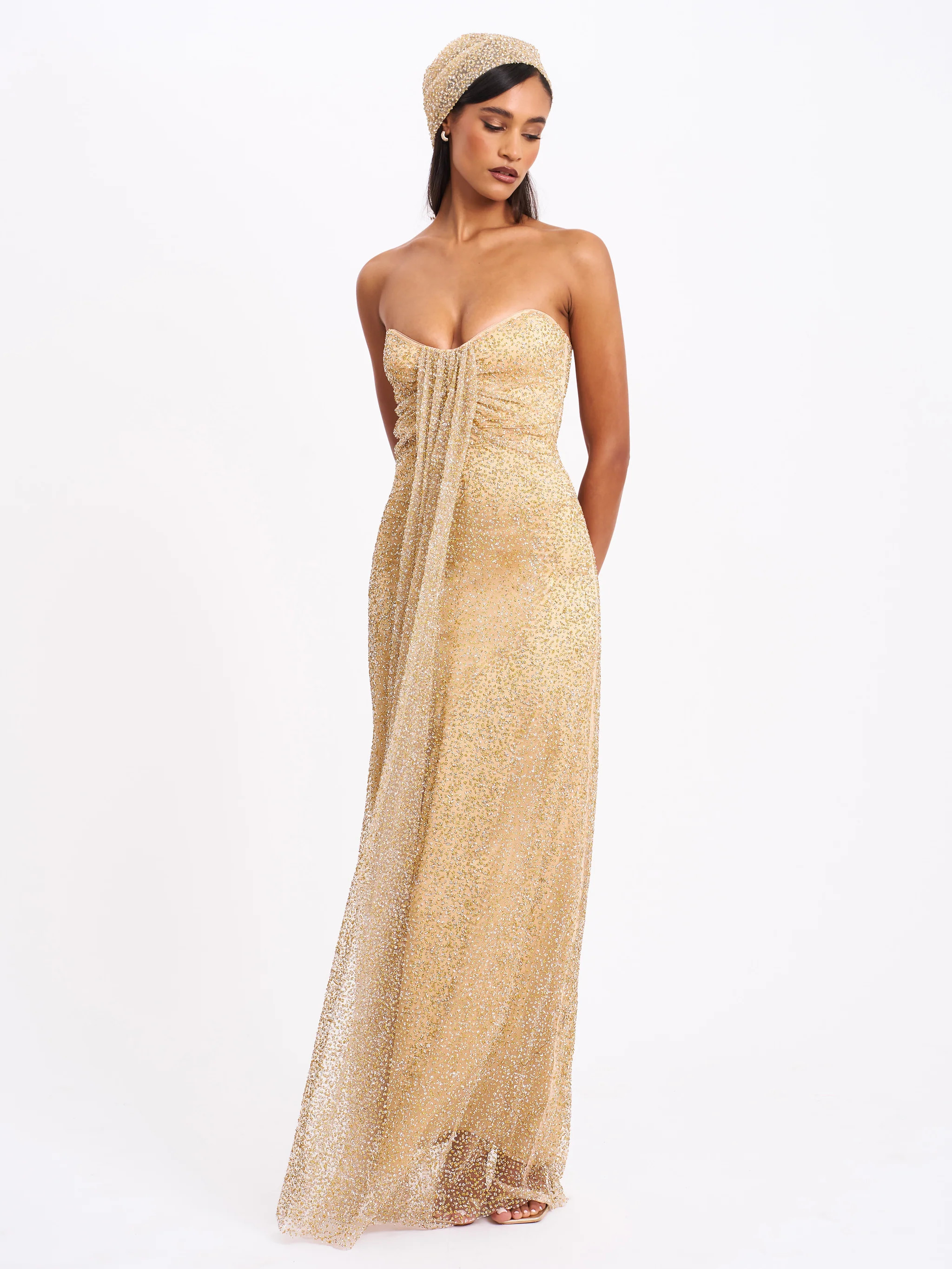 Ada Gold Rhinestone Embellished Strapless Gown with Head Scarf | Miss Circle