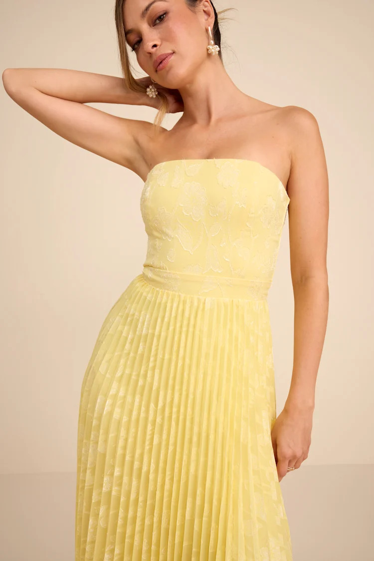 Perfectly Stunning Yellow Jacquard Strapless Midi Dress | Lulus
