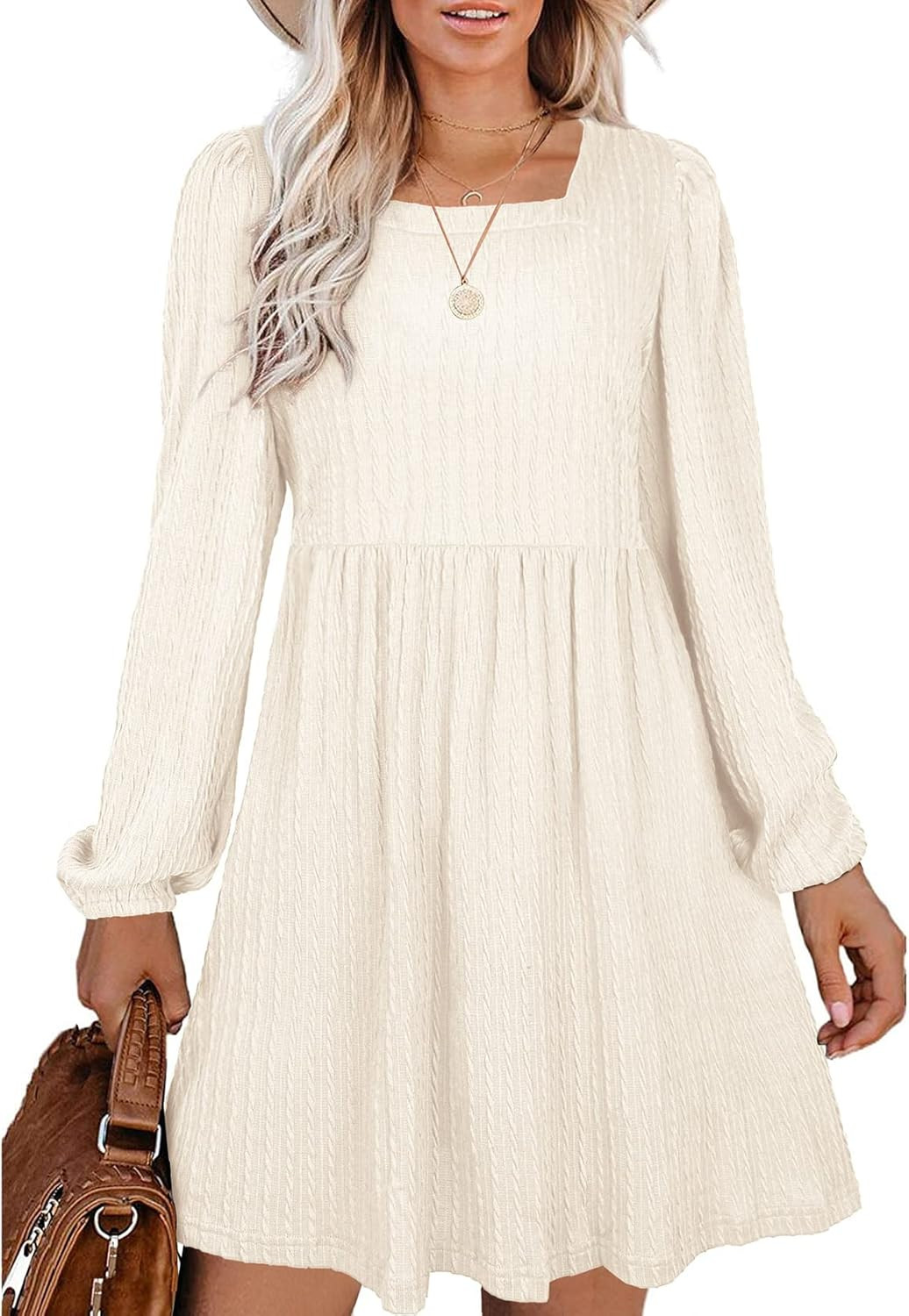 WEESO Womens Knit Dress Square Neck Long Sleeve Knee Length Babydoll Dresses | Amazon (US)