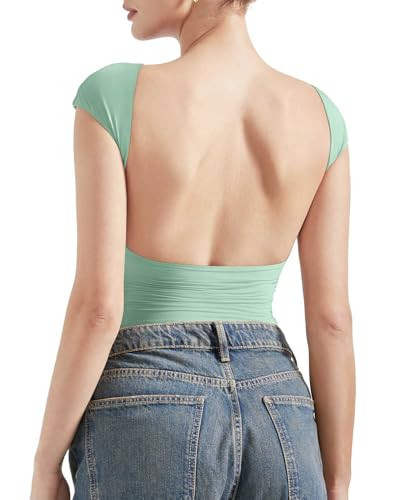 SUUKSESS Women Backless Sexy Going Out Crop Tops Double Lined Open Back Y2k Basic Tee Shirts (Aqua, XS) | Amazon (US)