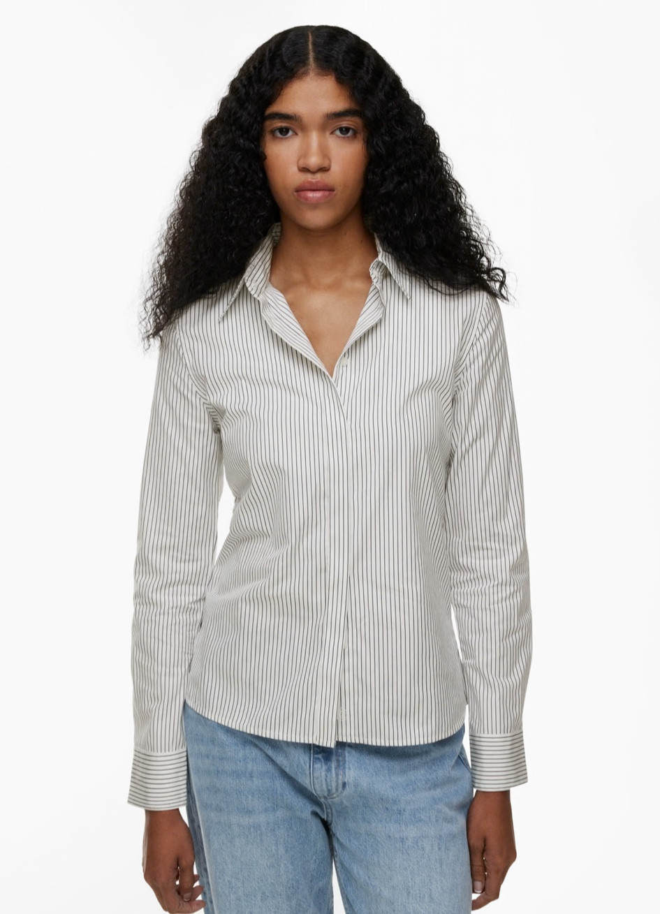 Aritzia Sale! $38 marked down from $98 | Product: New Essential Classic Poplin Shirt in black and white stripe 

#LTKWorkwear #LTKStyleTip #LTKFindsUnder50
