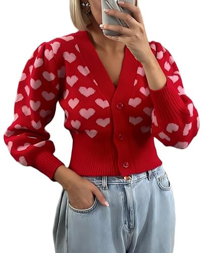 Women Heart Print Cropped Cardigans Oversized Button Down Long Sleeve Knit Tops Cute Valentines V Neck Sweaters Coat | Amazon (US)