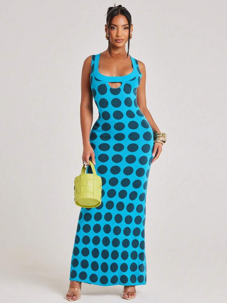 NYA SZN Knit Dress Sleeveless Cutout Detail Polka Dot Vibrant Unique Scoop Neckline Ribbed Maxi Summer Statement Unique Bridal Shower Outfits For Women | SHEIN