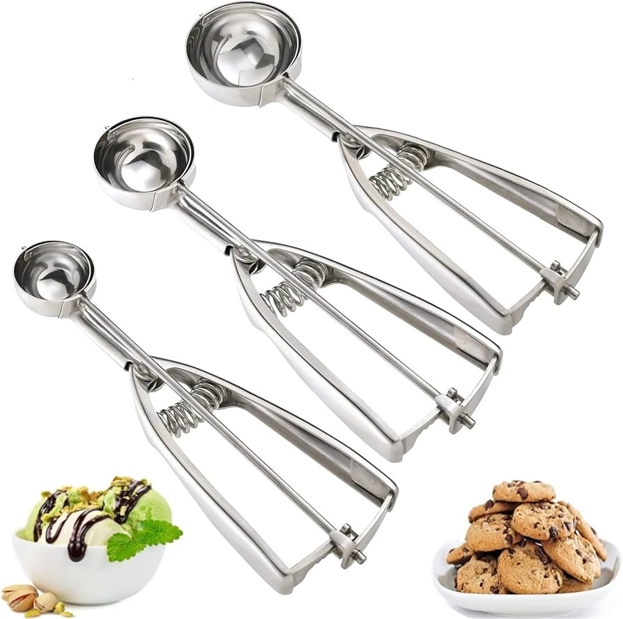 Ice Cream Scoop, 3Pcs Cookie Scoop Set, 18/8 Stainless Steel Cookie Dough Scoop, Cookie Scoops fo... | Amazon (US)