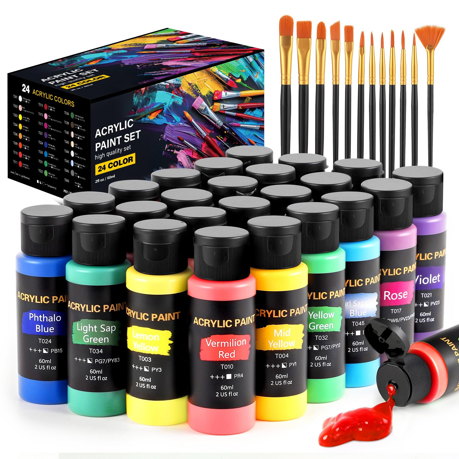 Acrylic Paint Set, 24 Colors (2 oz/Bottle) with 12 Art Brushes, Art Supplies for Painting Canvas,... | Amazon (US)