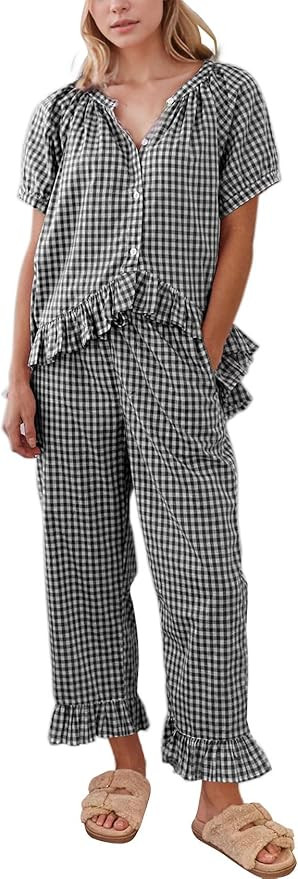 Flygo Womens Plaid 2 Piece Pajamas Sets Gingham Button Down Puff Sleeve Babydoll Shirt Ruffle Pan... | Amazon (US)