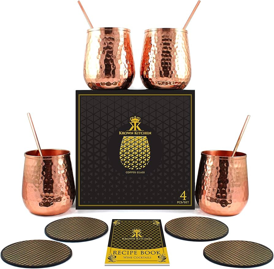 Stemless Copper wine glasses set of 4. Excellent gift set for men and women. Moscow Mule Copper S... | Amazon (US)