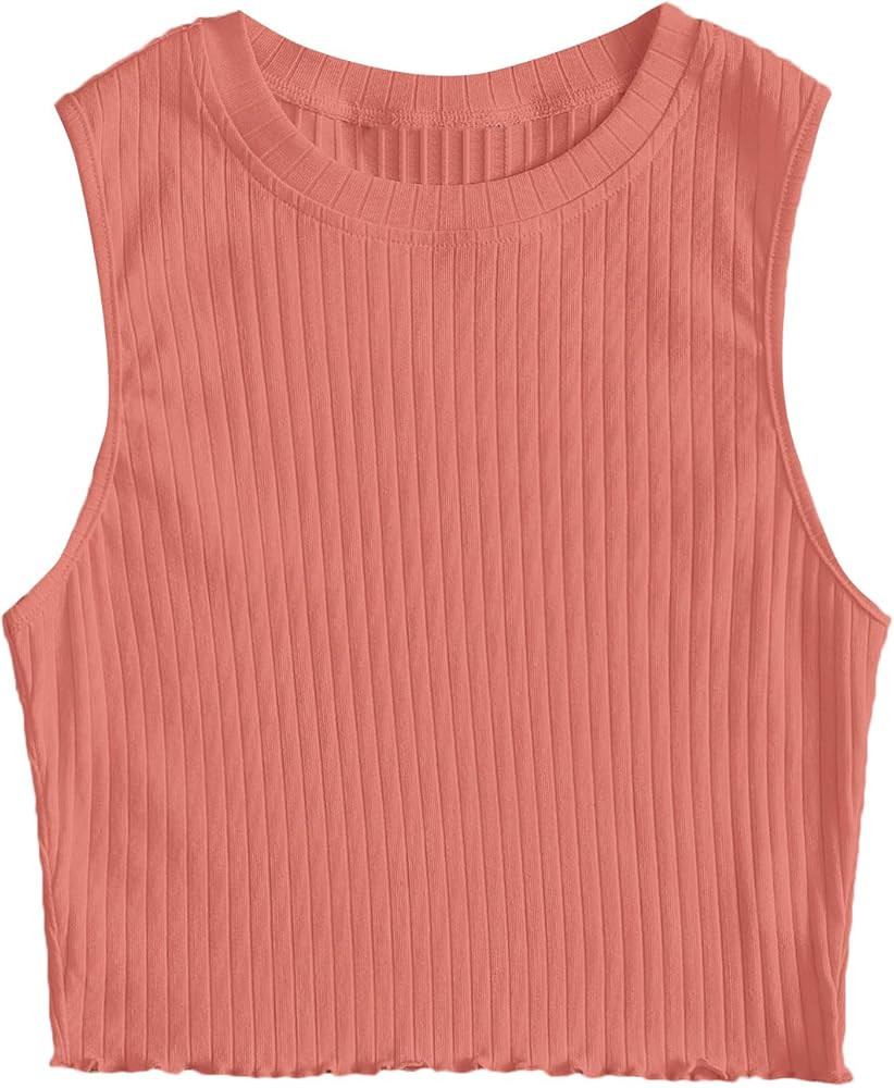 SheIn Women's Lettuce Trim Round Neck Sleeveless Rib Knit Crop Cami Tank Top | Amazon (US)
