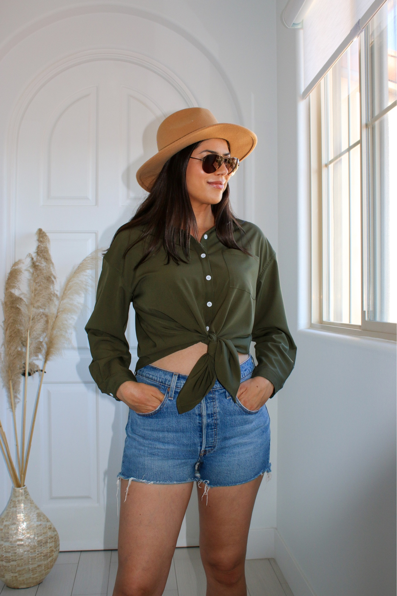 Green Army Shirt outfit. #armygreen #fedorahat #deninshorts 

#LTKstyletip #LTKFind #LTKSeasonal