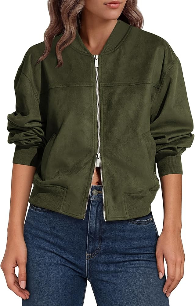 Lazysmile Women's Faux Suede Bomber Jackets Fall Fashion Outfits Winter Clothes Stand Collar Zip ... | Amazon (US)