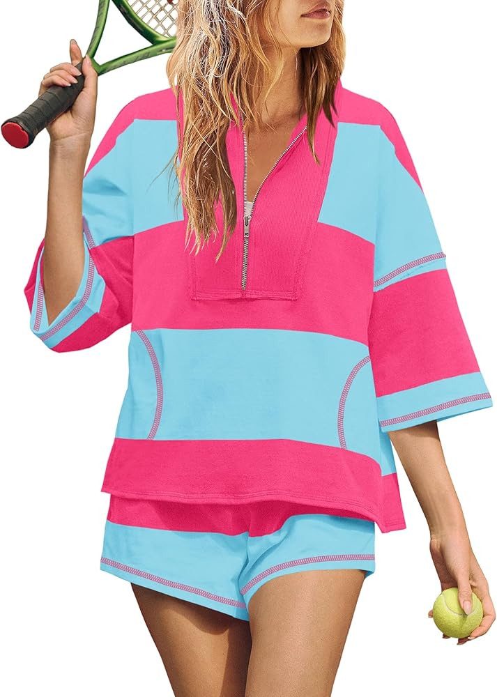 Yanekop Womens 2 Piece Outfits Summer Striped Lounge Set Two Piece Matching Workout Sets Oversize... | Amazon (US)