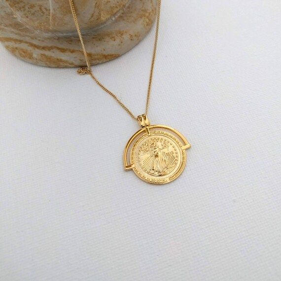 Silver coin necklace, minimal NECKLACE, Bohemian Gold Necklace, Liberty statue | Etsy (AU)