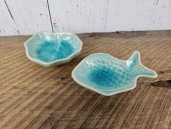 Vintage Small Turquoise Trinket Dishes Set of 2 Fish & Leaf Mid Century Stoneware Trinket Bowls R... | Etsy (CAD)