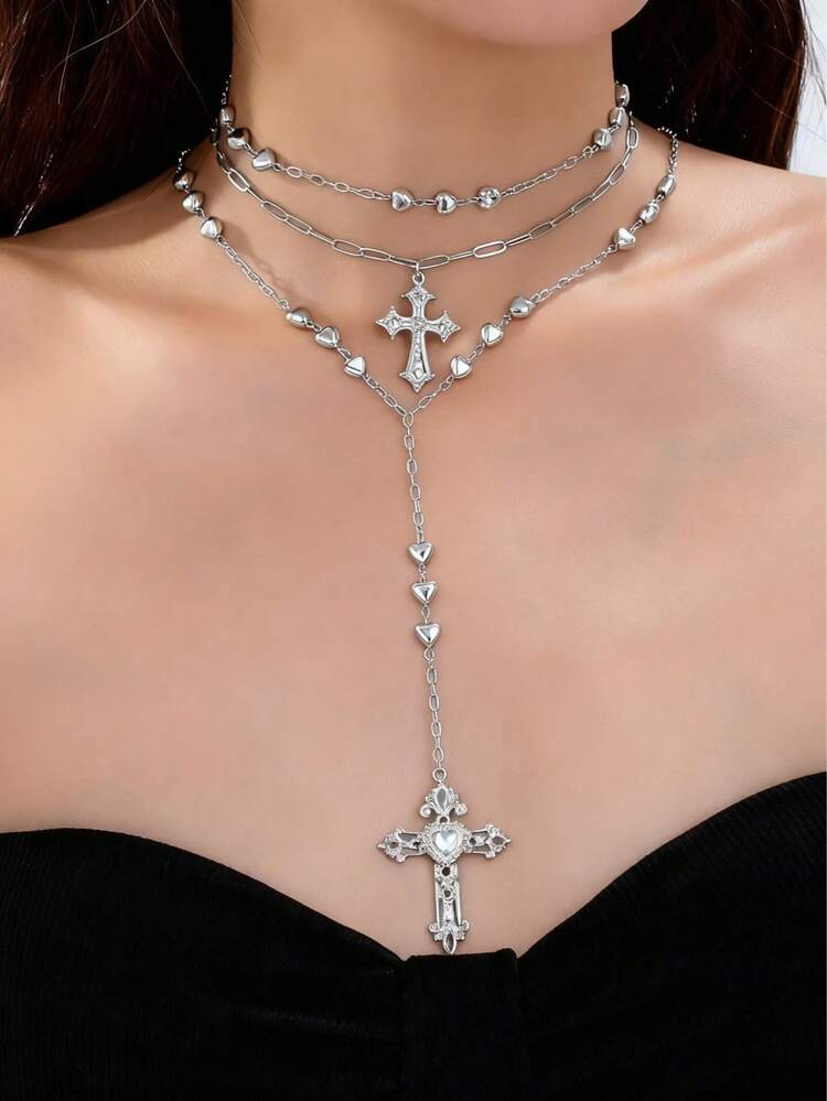 1pc Silver Heart Chain Cross Pendant Necklace, Y-Shaped Layered Cross Jewelry Set | SHEIN
