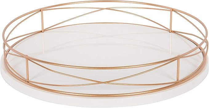 Kate and Laurel Mendel 14 Inch Round Tray with Decorative Metal Rim, White and Rose Gold | Amazon (US)