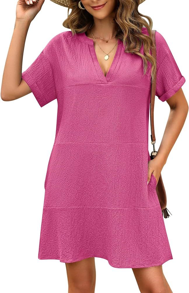 AI'MAGE Women's Cover Up Short Sleeve Bathing Suit Cover Ups V Neck Beach Coverup Dress with Pock... | Amazon (US)
