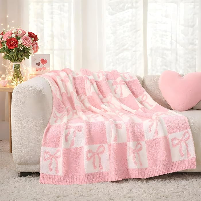 Snuggle Sac Bow Throw Blanket for Couch, Microfiber Fluffy Warm Cozy Fuzzy Reversible Checkered B... | Amazon (US)
