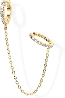PAVOI 14K Gold Chain Earrings for Women | Double Piercing Dangle Chain Huggie Hoop Earrings | Amazon (US)