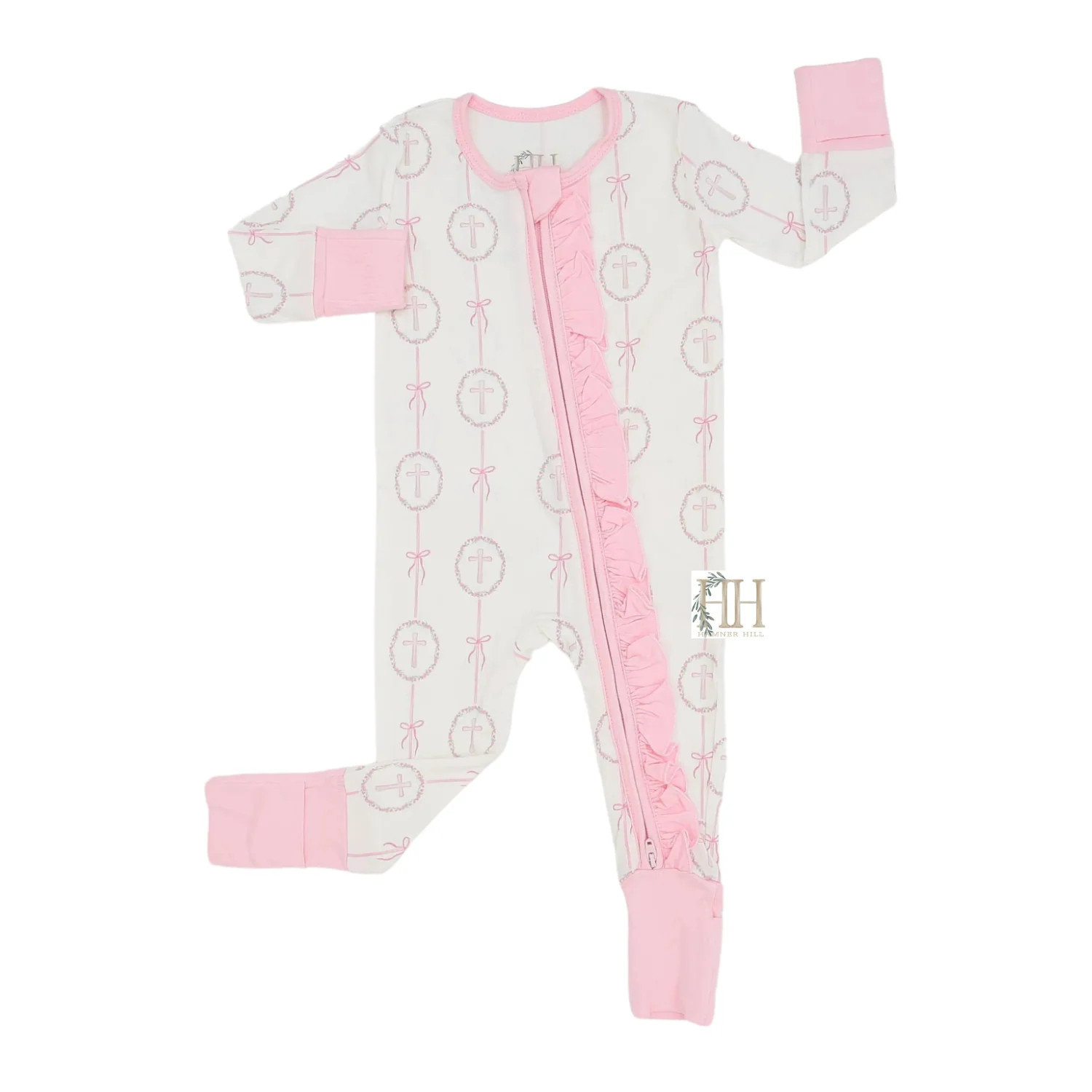 Girls Pink Cross Double Zipper Romper | Hamner Hill