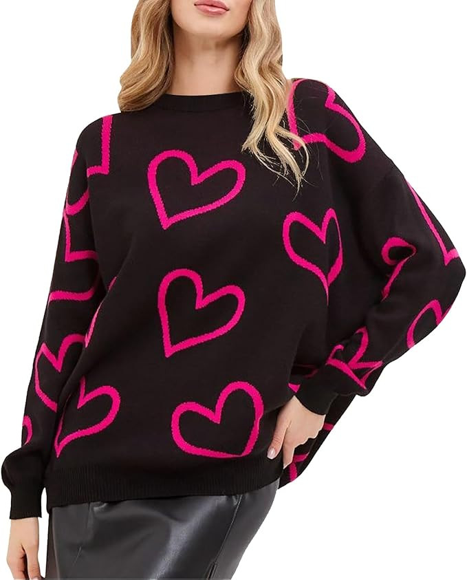 KNEYATTA Valentine’s Day Sweaters Heart Print Sweater Women Love Heart Sweatshirt Graphic Knit ... | Amazon (US)