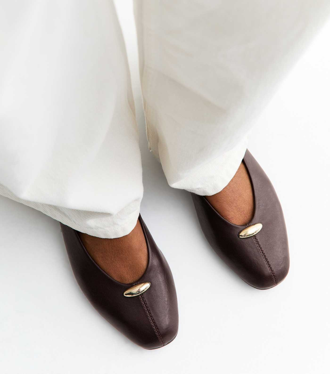 Dark Burgundy Faux Leather Metallic Charm High Vamp Ballerina Flats | New Look | New Look (UK)
