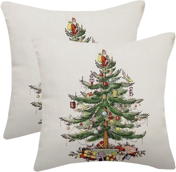 Retro Christmas Pillow Covers 20x20 Inch Set of 2 Green Pine Tree Balloons Birds Dolls Gifts Deco... | Amazon (US)