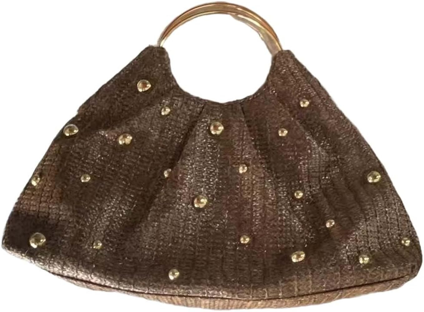 Women's Woven Chic Straw Tote Bag Round Handheld Party Evening Bag with rivet beaded Decoration | Amazon (US)