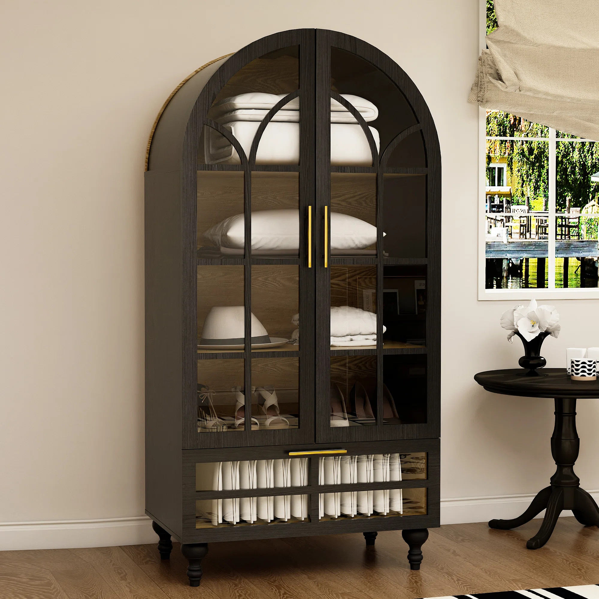 Vintage Arched Display Cabinet With Glass Doors, 71" Tall Storage Cabinet With Adjustable Shelves... | Wayfair North America