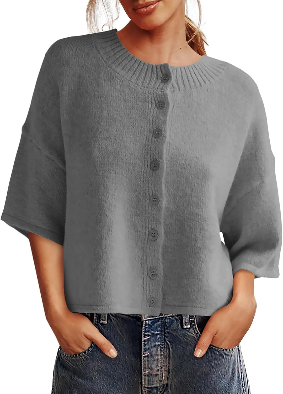 Saodimallsu Womens 3/4 Sleeve Cardigan Sweater Button Down Cropped Crewneck Cardigan 2025 Fall Casual Knit Tops | Amazon (US)