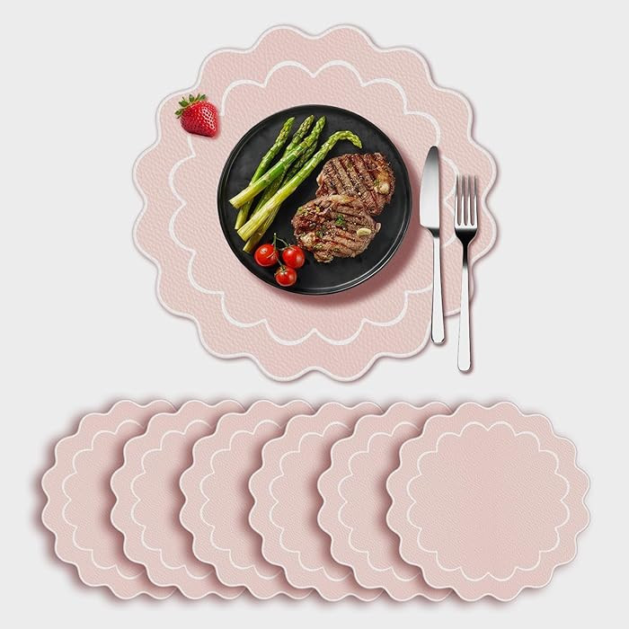 Christmas Scallop Leather Placemats Set of 6, 15 Inch Pure Table Mats White and Pink Round Placem... | Amazon (US)
