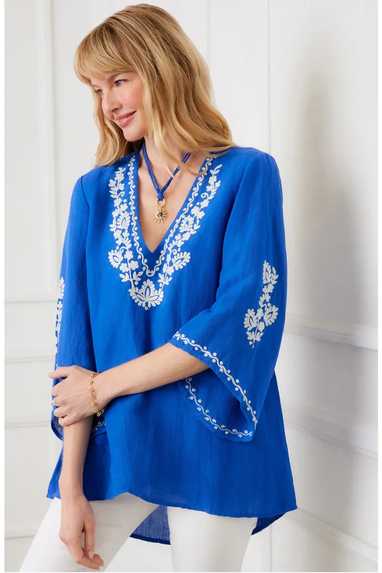 Embroidered Asymmetric Hem Linen Blend Top (Women) | Nordstrom | Nordstrom