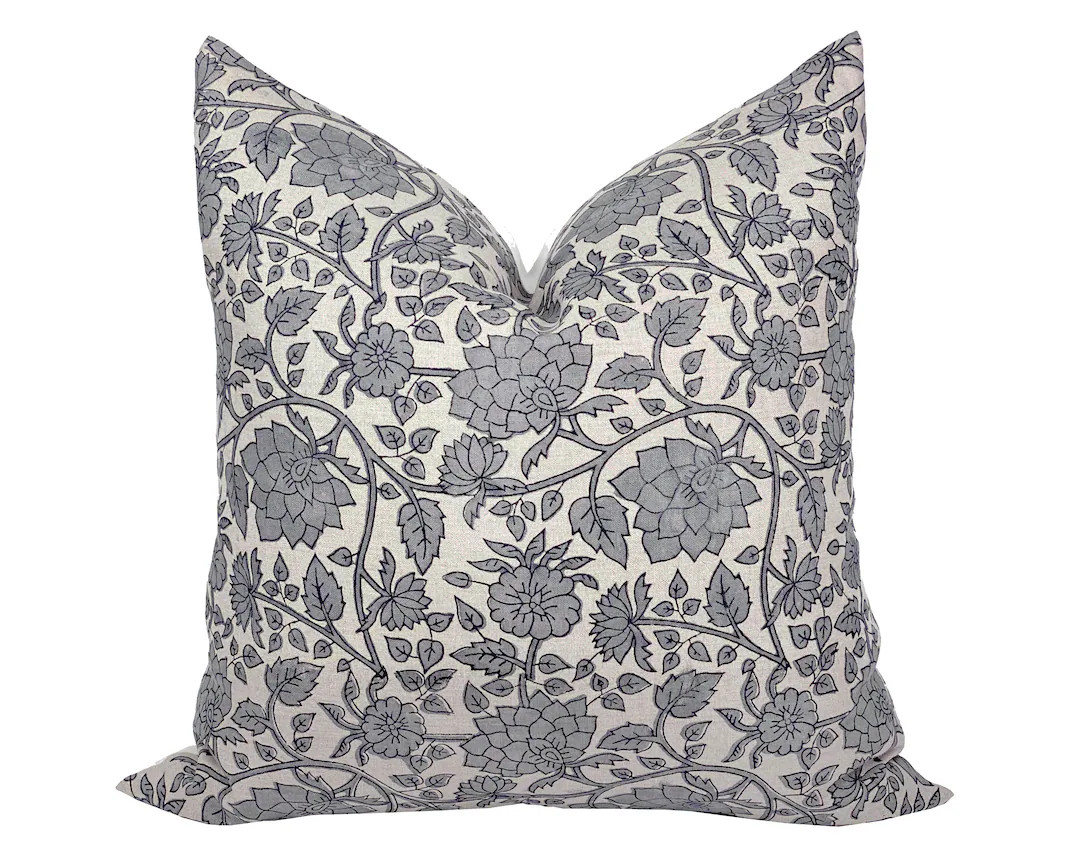 MAREN | Designer Blue Grey Linen Pillow Cover, Block Print Pillow, Farmhouse Pillow, Blue Floral ... | Etsy (US)