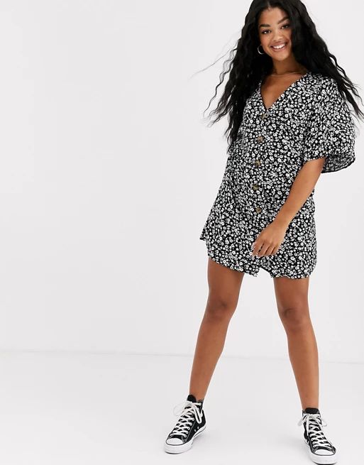 ASOS DESIGN v neck button through mini smock dress in mono floral print | ASOS US