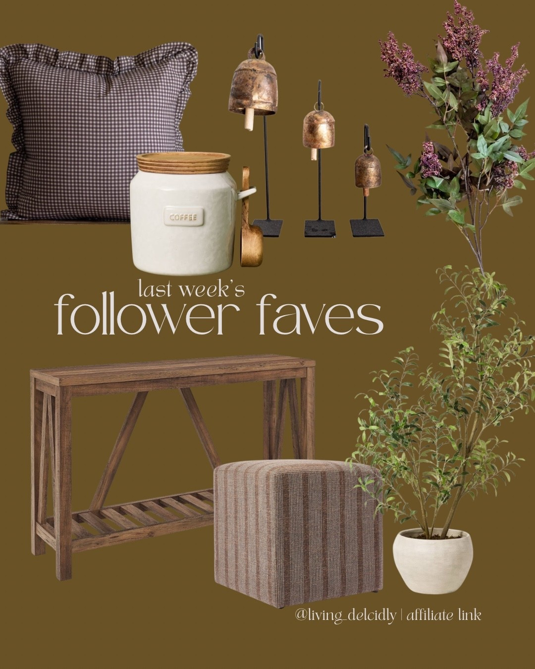 Last week’s follower favorites! My vintage bells are STILL ON SALE & the dusty plum stems are STILL IN STOCK!

Spring Decor | Spring Florals | Home Decor | Console Table | Ottoman | Pillow Covers | Target Finds | Kitchen Essentials | Shelf Styling

#LTKSaleAlert #LTKHome #LTKSeasonal