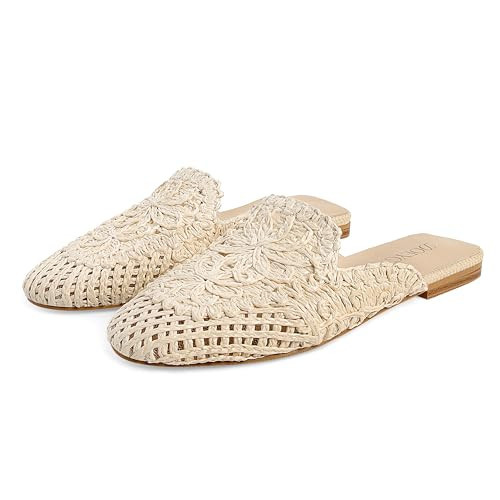 DOEYG Raffia Mules for Women Woven Square Toe Mary Jane Ballet Flats Heel Mules Dressy Comfortable Casual Mule Shoes White Size 7 | Amazon (US)