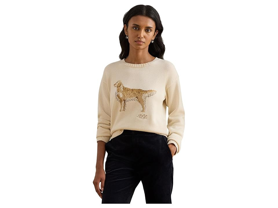 Lauren Ralph Lauren Intarsia-Knit Golden Retriever Sweater Women's Sweater Mascarpone Cream : LG, Cotton | Zappos