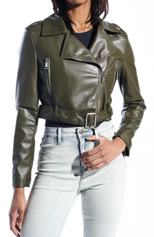 AZALEA WANG Faux Leather Crop Moto Jacket in Olive at Nordstrom, Size Small | Nordstrom