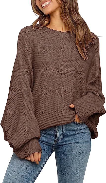 Mafulus Women's Oversized Crewneck Sweater Batwing Puff Long Sleeve Cable Slouchy Pullover Jum... | Amazon (US)